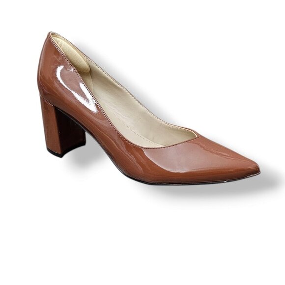 Marc Fisher Women's Caitlin Block Heels Brown Patent Pointed Toe Pump - Picture 2 of 11